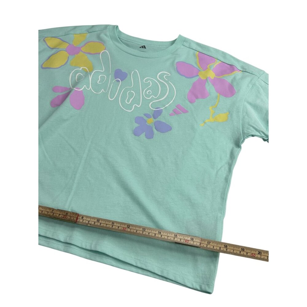 Adidas Girls Loose Fit Aqua T-Shirt With Floral Design 100% Cotton Size L (14) - Picture 9 of 9